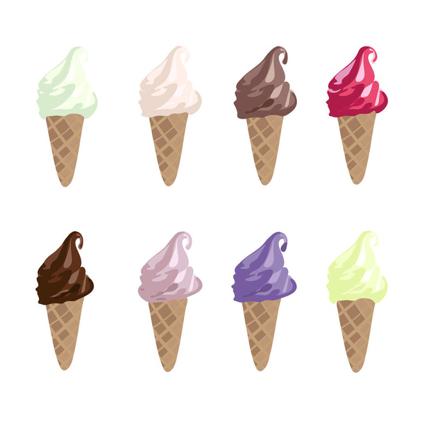Μαλακός εξυπηρετήστε χωνάκια παγωτού - φράουλα, βανίλια, σοκολάτα και φιστίκι παγωτά ή παγωμένες κρέμες σε κώνο απομονωμένη σε λευκό φόντο - Διάνυσμα, εικόνα