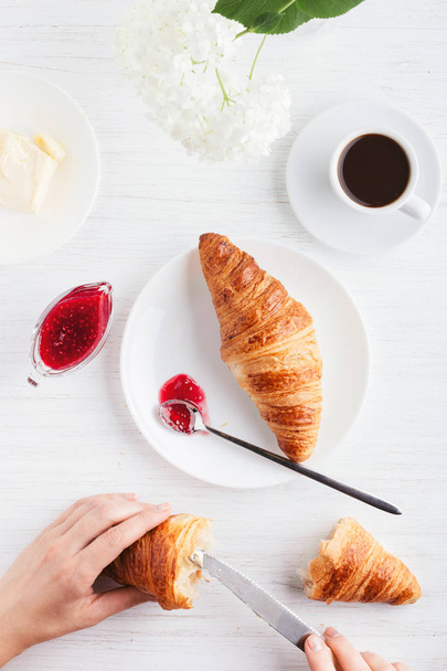 Coffee and croissants on the table. - Photo, Image