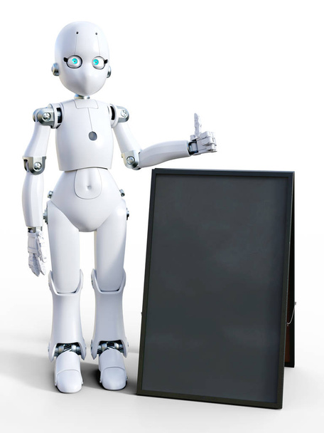 3D rendering biały przyjazny rysunek stojący robot obok pusty pokładzie kanapkę i robienie kciuki w górze. Białe tło. - Zdjęcie, obraz