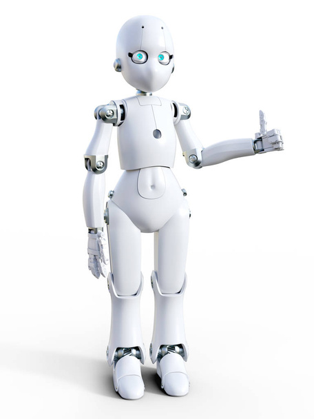 τρισδιάστατη απεικόνιση του ένα ρομπότ λευκό φιλικό γελοιογραφία κάνει ένα αντίχειρες. Λευκό φόντο. - Φωτογραφία, εικόνα