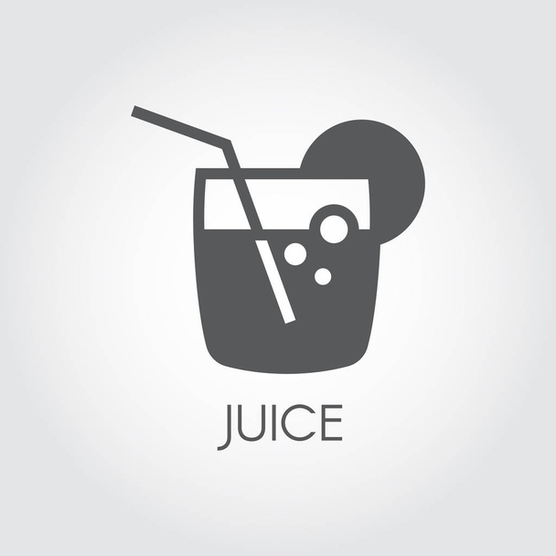 Juice glyph icon. Glass with beverage, straw and lemon or lime slice. Icon in black flat style. Abstract drink, lemonade or cocktail graphic web label. Food contour series. Vector illustration - Вектор, зображення
