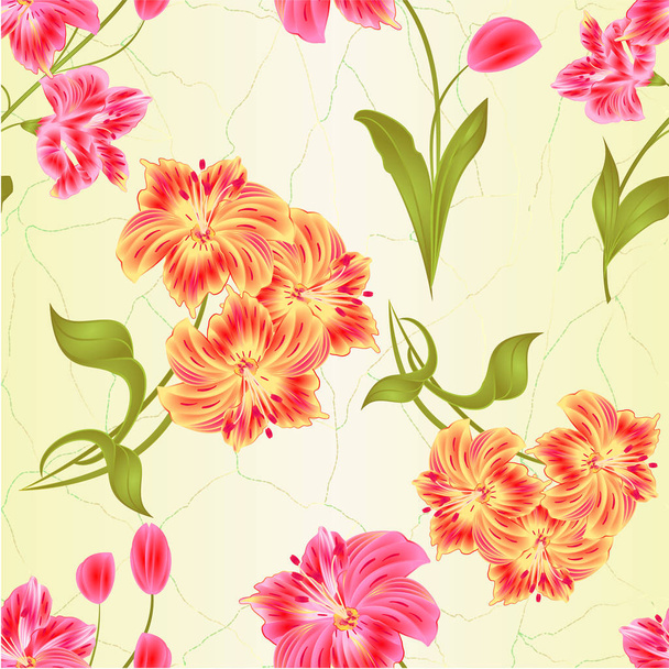 Seamless texture bunch orange and pink  Lily Alstroemeria stem flower and leaves  closeup isolated vintage vector illustration for design editable  hand draw  - Vector, Image