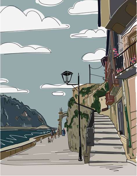 Oude stad van de straatmening sketch art Baskenland Spanje, huizen met trap, de stoep en de straat lamp illustratie - Vector, afbeelding