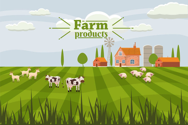Paysage rural mignon avec ferme et troupeau de vaches. Cartoon style, vecteur, isolé
 - Vecteur, image