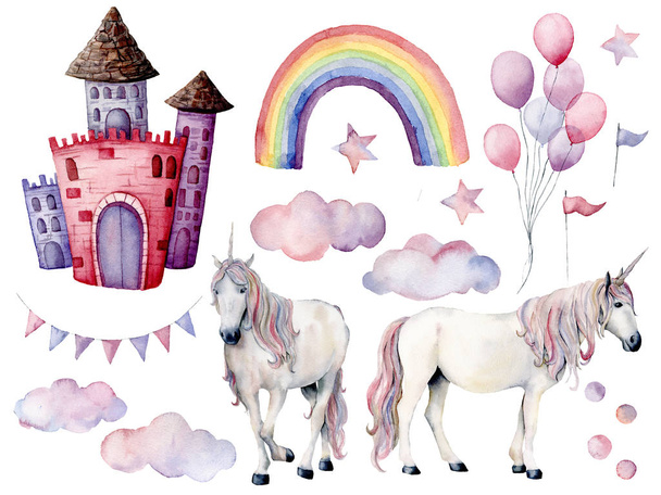 Akvarell nagy egyszarvúak és dekor mese. Kézzel festett magic ló, a kastély, a rainbow, a felhők, a csillagok és a levegő ballons elszigetelt fehér background. Aranyos design vagy a háttér háttérkép. - Fotó, kép