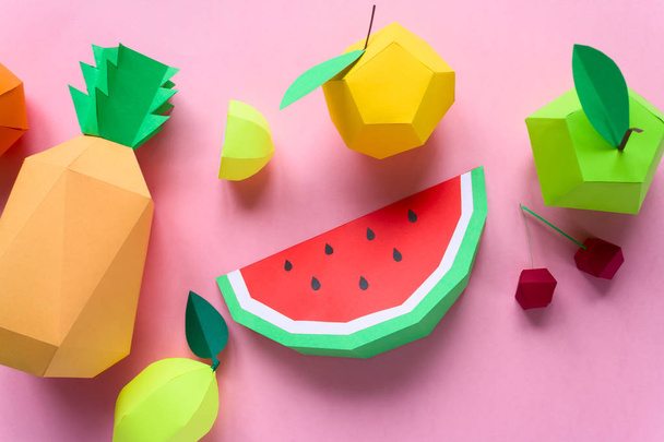 exotic fruits made of paper on pink background. Close up - Photo, image