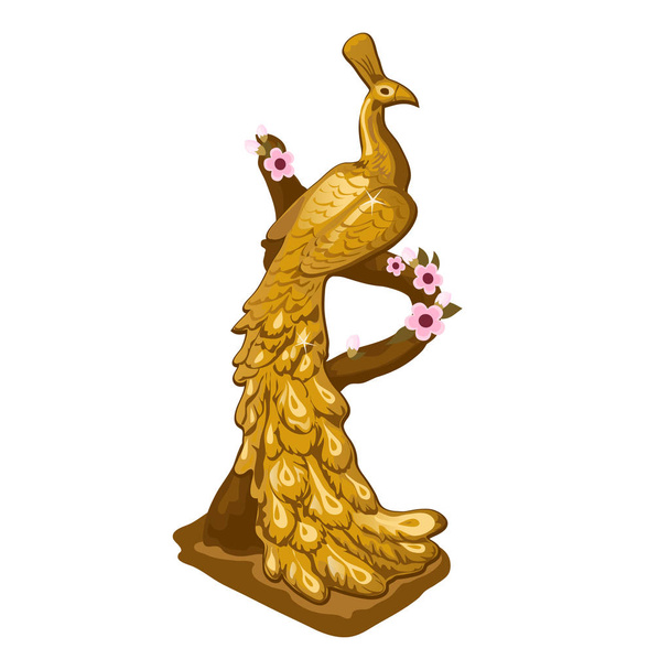 A souvenir in the form of statuettes of the Golden peacock sitting on a tree branch isolated on white background. Vector cartoon close-up illustration. - Vettoriali, immagini