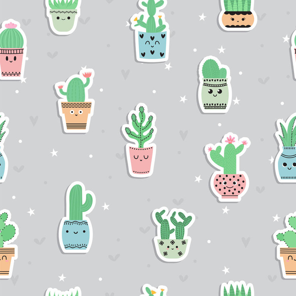 Cute seamless pattern with cacti and succulents, hand drawn flowers. Background in scandinavian style with cartoon plants. Stickers. Vector illustration - Vector, Image