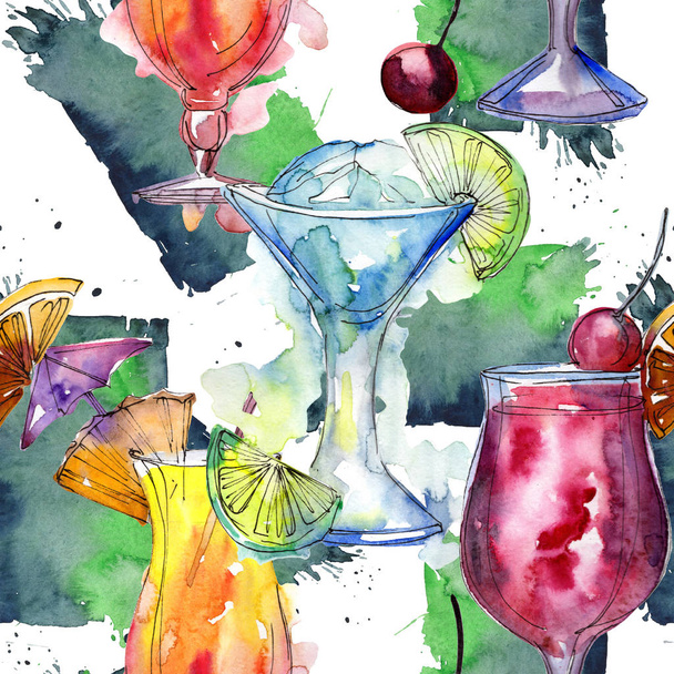 Bar party cocktail drink. Seamless background pattern.. Aquarelle cocktail drink illustration for background, texture, wrapper pattern, frame or border. - Foto, Imagen