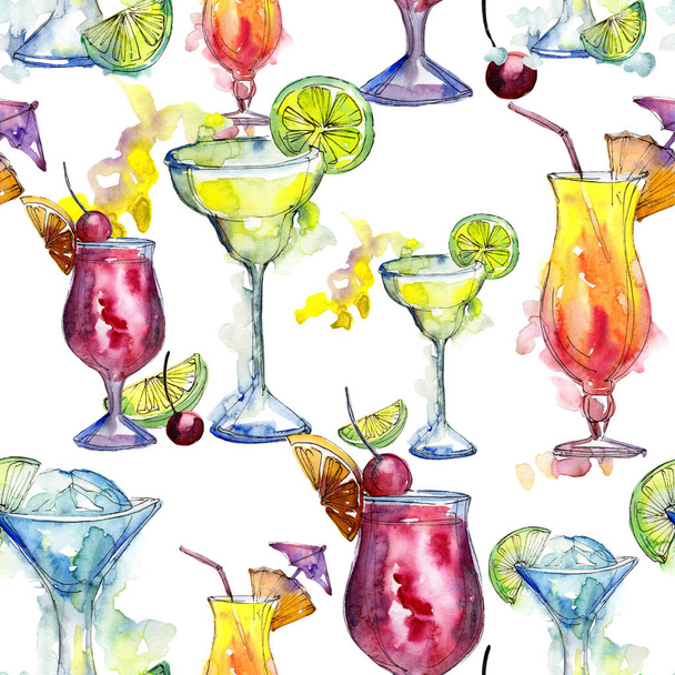 Bar party cocktail drink. Seamless background pattern.. Aquarelle cocktail drink illustration for background, texture, wrapper pattern, frame or border. - Fotoğraf, Görsel
