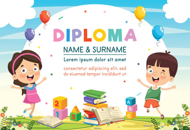Vector Illustration Of Preschool Kids Diploma - Vector, Image