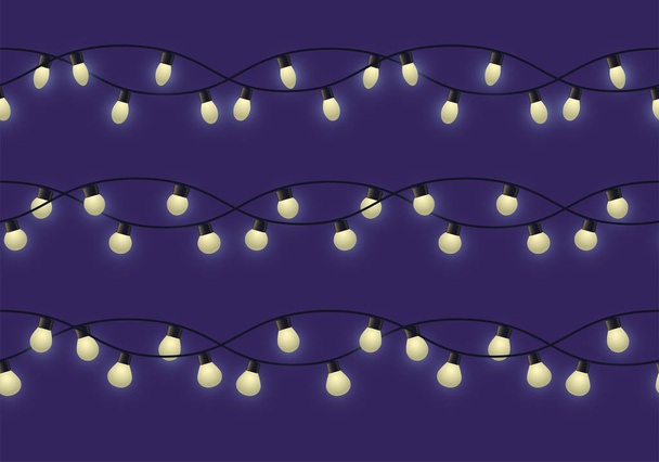 Věnec s různými žárovkami s záře, různé dekorativní světlo věnečky na tmavém pozadí, zápatí a banner lampy, vektorové ilustrace - Vektor, obrázek