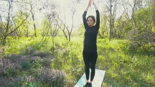 young pregnant woman doing yoga outside. - 映像、動画
