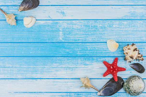 Decoraciones de conchas de mar y estrella de mar sobre fondo de madera pintada azul y blanca alto contraste verano concepto ángulo superior
 - Foto, Imagen