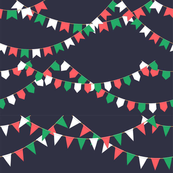 Conjunto de guirnalda con cadena de banderas de celebración, plumas verdes, blancas, rojas sobre fondo oscuro, pie de página y pancarta para la celebración
 - Vector, imagen