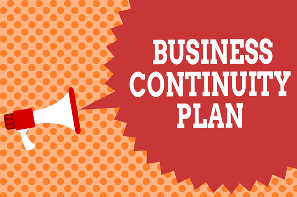 Writing note showing Business Continuity Plan. Business photo showcasing creating systems prevention deal potential threats Megaphone loudspeaker speech bubble message orange background halftone - Photo, Image
