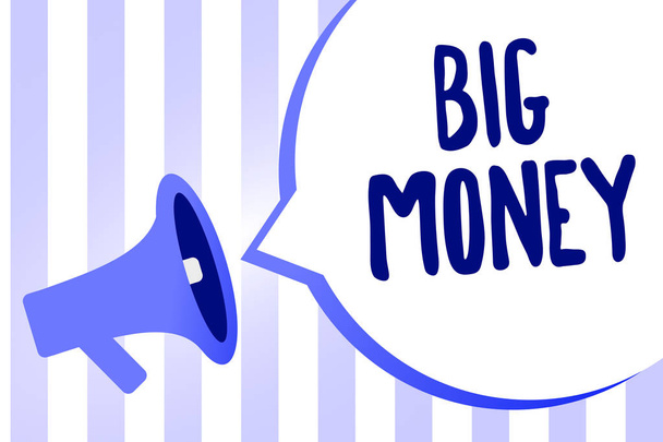 Word writing text Big Money. Business concept for Pertaining to a lot of ernings from a job,business,heirs,or wins Megaphone loudspeaker loud screaming scream idea talk talking speech bubble - Photo, Image