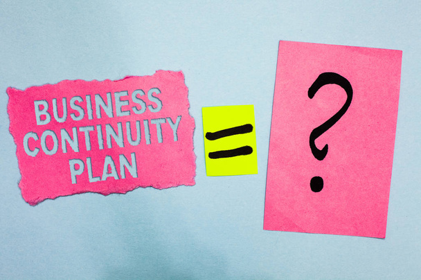 Conceptual hand writing showing Business Continuity Plan. Business photo showcasing creating systems prevention deal potential threats Pink paper equal sign question mark asking important answer - Photo, Image