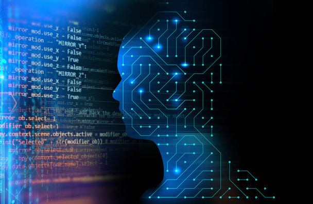 silhouet van virtuele mens op circuit patroon 3d illustratie, vertegenwoordigen kunstmatige technologie - Foto, afbeelding