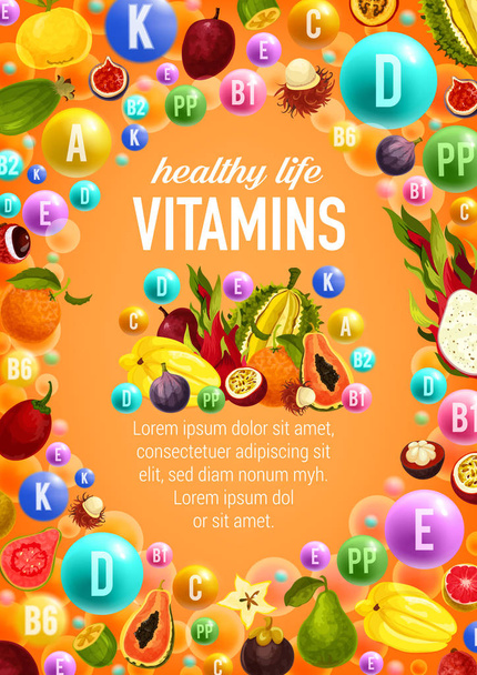 Vitamins and minerals poster with fruits vector - Vector, Image