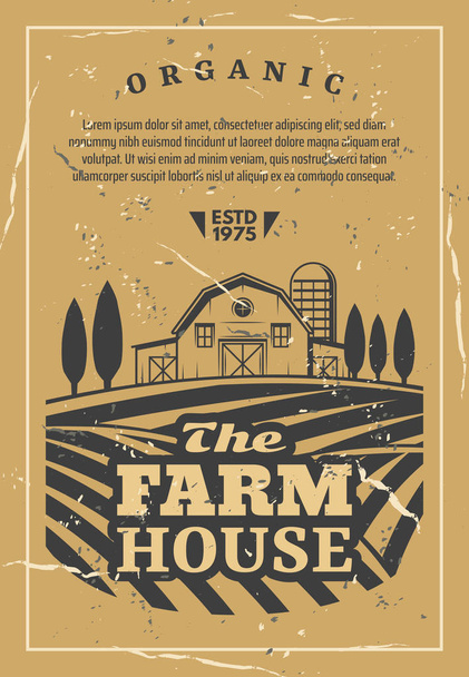 Farm house with field old retro vector poster - Vector, Image