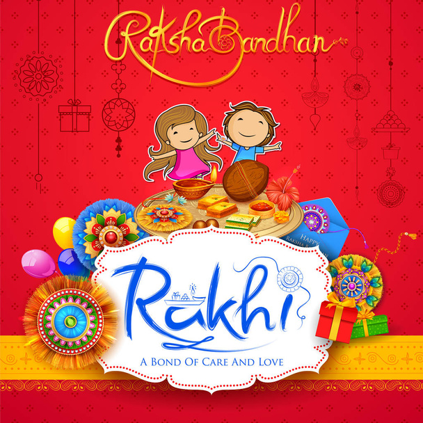 Tarjeta de felicitación con Rakhi decorativo para fondo Raksha Bandhan
 - Vector, Imagen