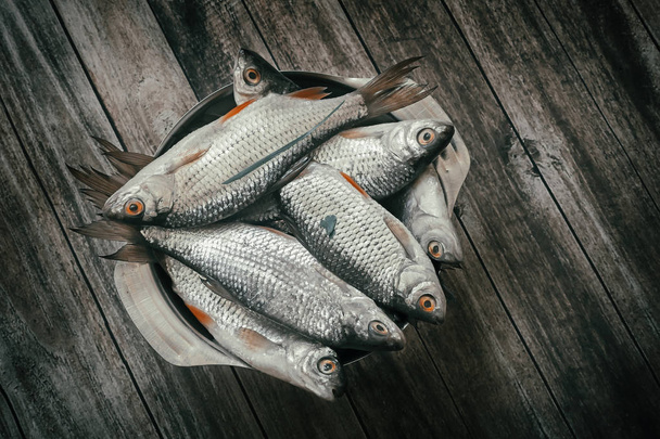 Fresh fish is caught in the river and put on the table in an iron bowl for further preparation. - Foto, immagini
