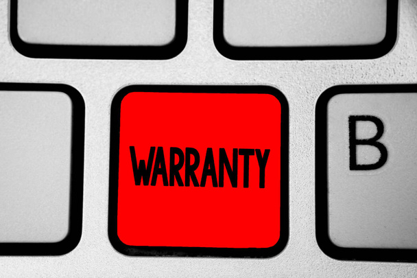 Writing note showing Warranty. Business photo showcasing Free service of repair and maintenance of the product sold Keyboard red Intention create computer computing reflection document - Photo, Image