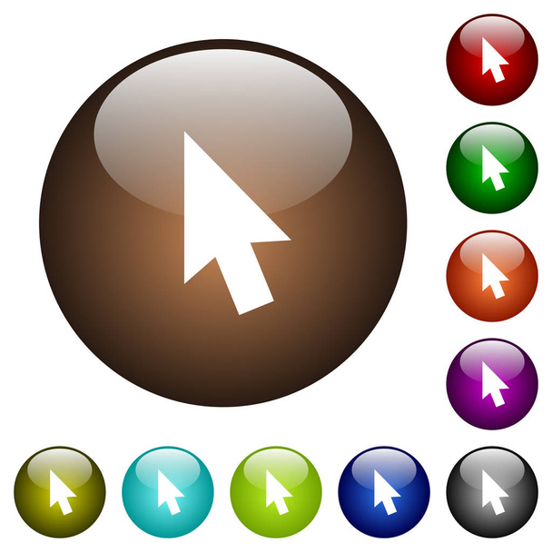 Iconos blancos del cursor del ratón en botones de vidrio de color redondo
 - Vector, imagen