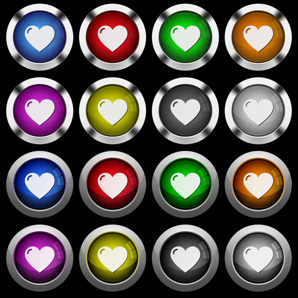 Ícones de forma de coração branco em botões brilhantes redondos com armações de aço no fundo preto. Os botões estão em dois estilos diferentes e oito cores
. - Vetor, Imagem