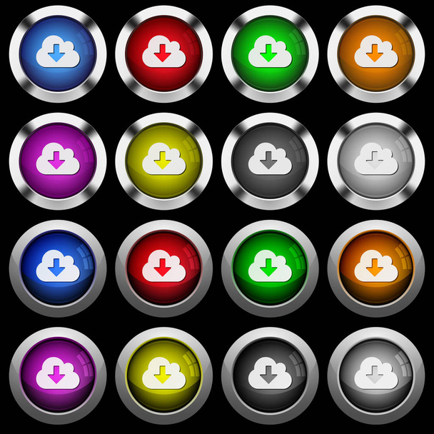 Nube descargar iconos blancos en botones brillantes redondos con marcos de acero sobre fondo negro. Los botones están en dos estilos diferentes y ocho colores
. - Vector, imagen