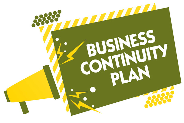 Writing note showing Business Continuity Plan. Business photo showcasing creating systems prevention deal potential threats Megaphone loudspeaker yellow striped important message speaking loud - Photo, Image