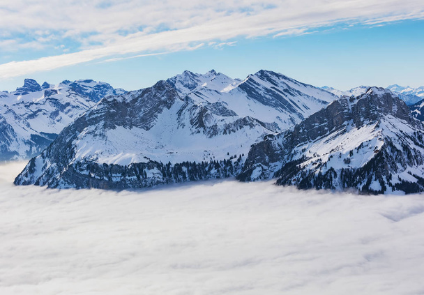Summits of the Alps rising from sea of fog - a wintertime view from the Fronalpstock mountain in the Swiss canton of Schwyz. - 写真・画像