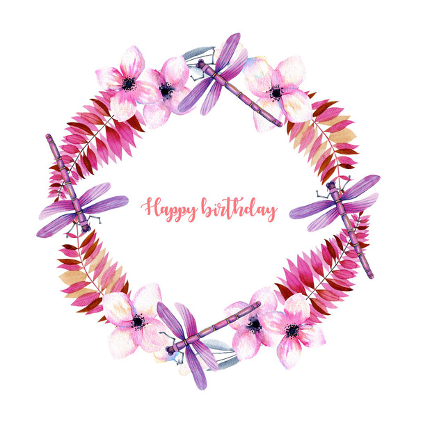 花輪, 水彩紫トンボ、ピンク色の花と枝、ラウンド フレーム手の白い背景に描かれました。 - 写真・画像