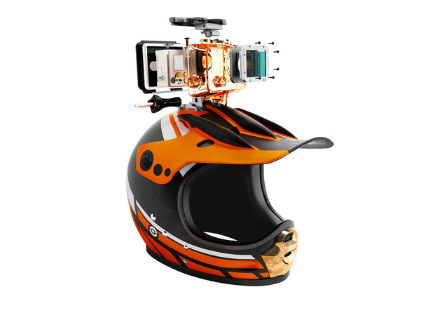 Moderni oranssi moottoripyörä kypärä oranssi toiminta kamera oikealla 3d tehdä valkoisella taustalla ei varjoa
 - Valokuva, kuva
