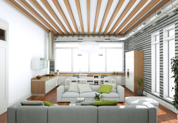 Moderno luminoso salotto interior design con divani e parete in legno
 - Foto, immagini