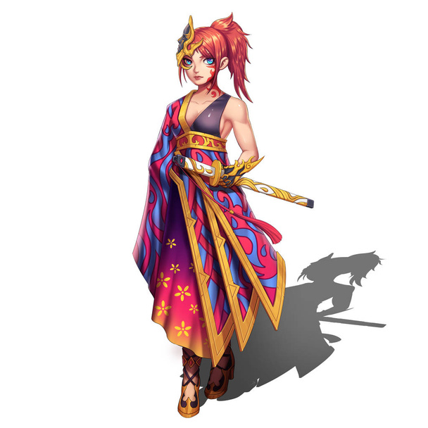 Koude, Elegant, hete prachtige Samurai meisje met Swords.Anime en Cartoon stijl geïsoleerd op White Background.Video spel van de digitale Cg kunst, Concept illustratie, realistische Cartoon stijl Characterdesign - Foto, afbeelding