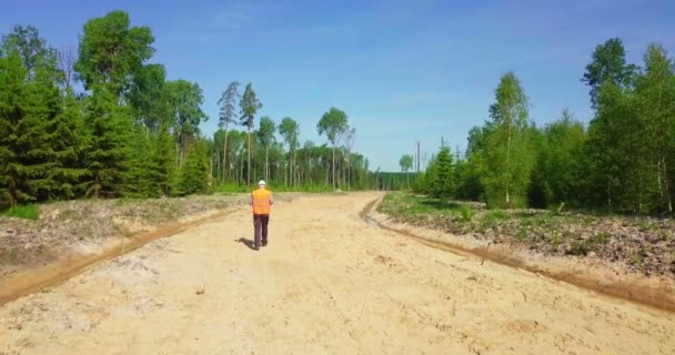 Engenheiro caminhando na nova estrada da floresta
 - Filmagem, Vídeo