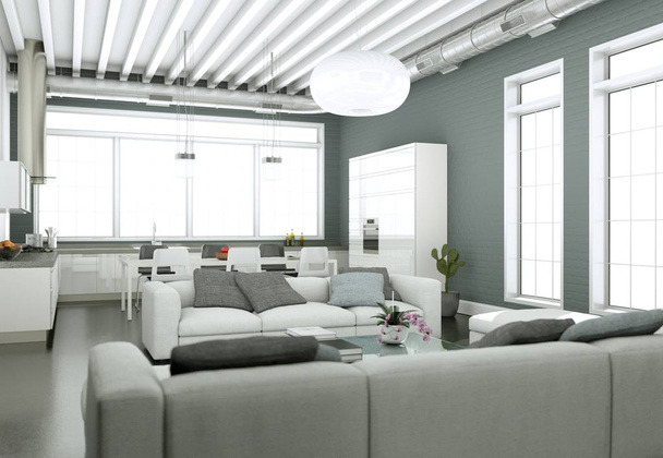 Interieur van de moderne lichte woonkamer met sofa's en grijze muur - Foto, afbeelding