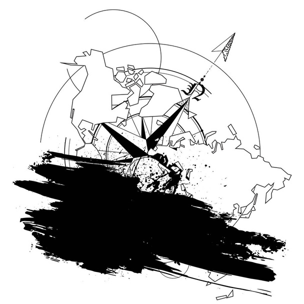 Grunge wind rose world map - Vector, Image