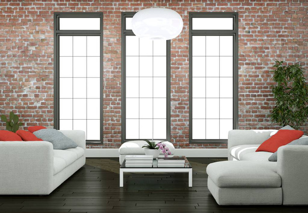Moderní světlý obývací pokoj design interiéru s pohovkami a stonewall - Fotografie, Obrázek