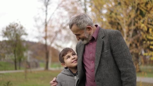 Grandpa and his grandson spend time together in the park. They are Walking in the park and rejoicing - Footage, Video