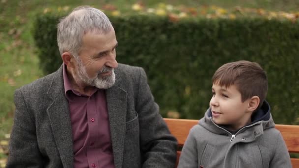 Grandpa and his grandson spend time together in the park. They are sitting on the bench and use the tablet - Footage, Video