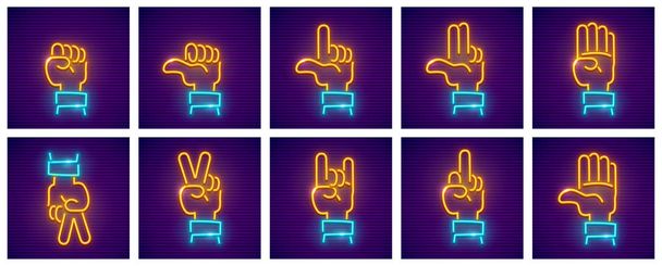 Conjunto de gestos de mão ícones de néon
 - Vetor, Imagem