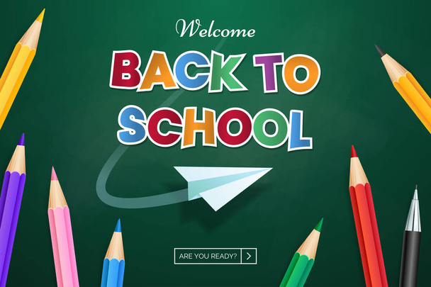 Back to school web banner design. Vector green chalkboard background with scattered color pencils. Colored paper text with flying paper airplane. Use for sale of school goods, event invitation. - Vector, imagen