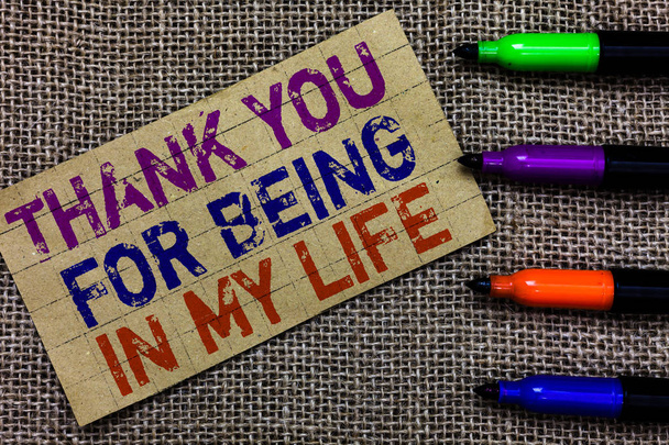 Handwriting text writing Thank You For Being In My Life. Concept meaning loving someone for being by your side Paperboard computer mouse jute background Expressing ideas typing needs - Photo, Image