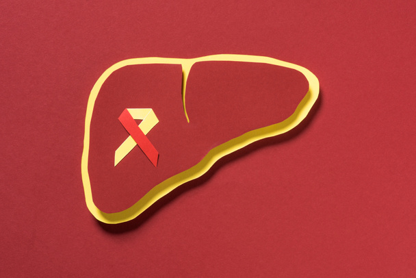 kırmızı arka plan, dünya hepatit gün kavramı üzerinde karaciğer kurdele ile üstten görünüm - Fotoğraf, Görsel