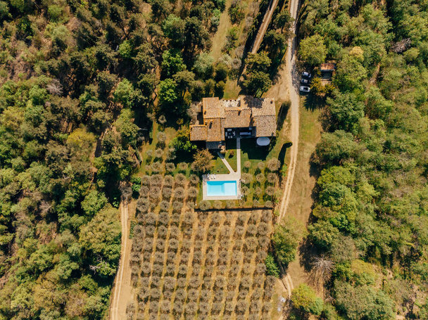 top view of villa with swimming pool near fields and forest in Italy  - Photo, Image