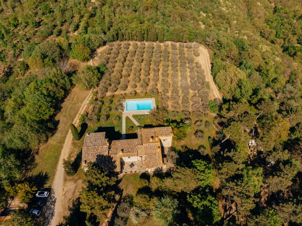 Luchtfoto van villa met zwembad in de buurt van velden en bossen in Italië  - Foto, afbeelding