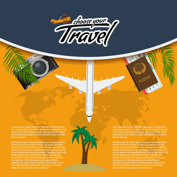 Векторный 3D Revic Travel and Tour креативный плакатный дизайн с реалистичным самолетом, картой мира, паспортом и авиабилетами с пальмовым листом
. - Вектор,изображение